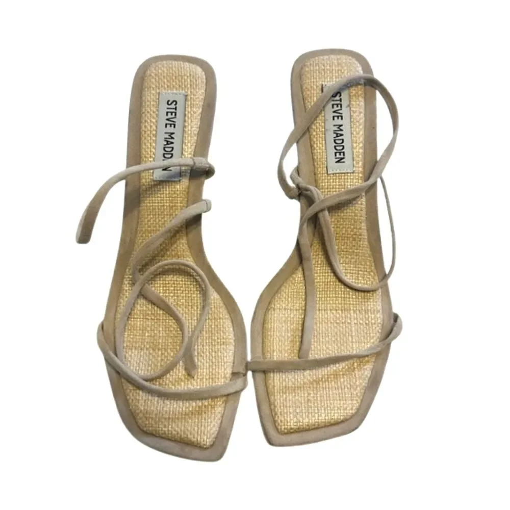Steve Madden Locke Strappy Sandal Heels Womens 8 Square Toe Taupe Raffia Wrap